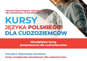 Graficzna informacja na temat możliwości udziału w kursie języka polskiego skierowanego dla cudzoziemców.
